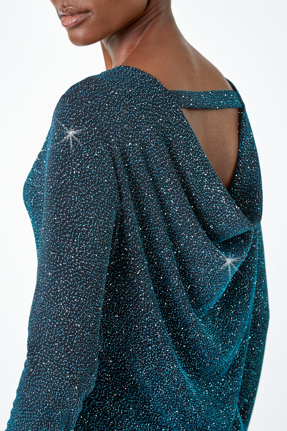 Teal Sparkle Cowl Back Detail Stretch Top, Image 5 of 5