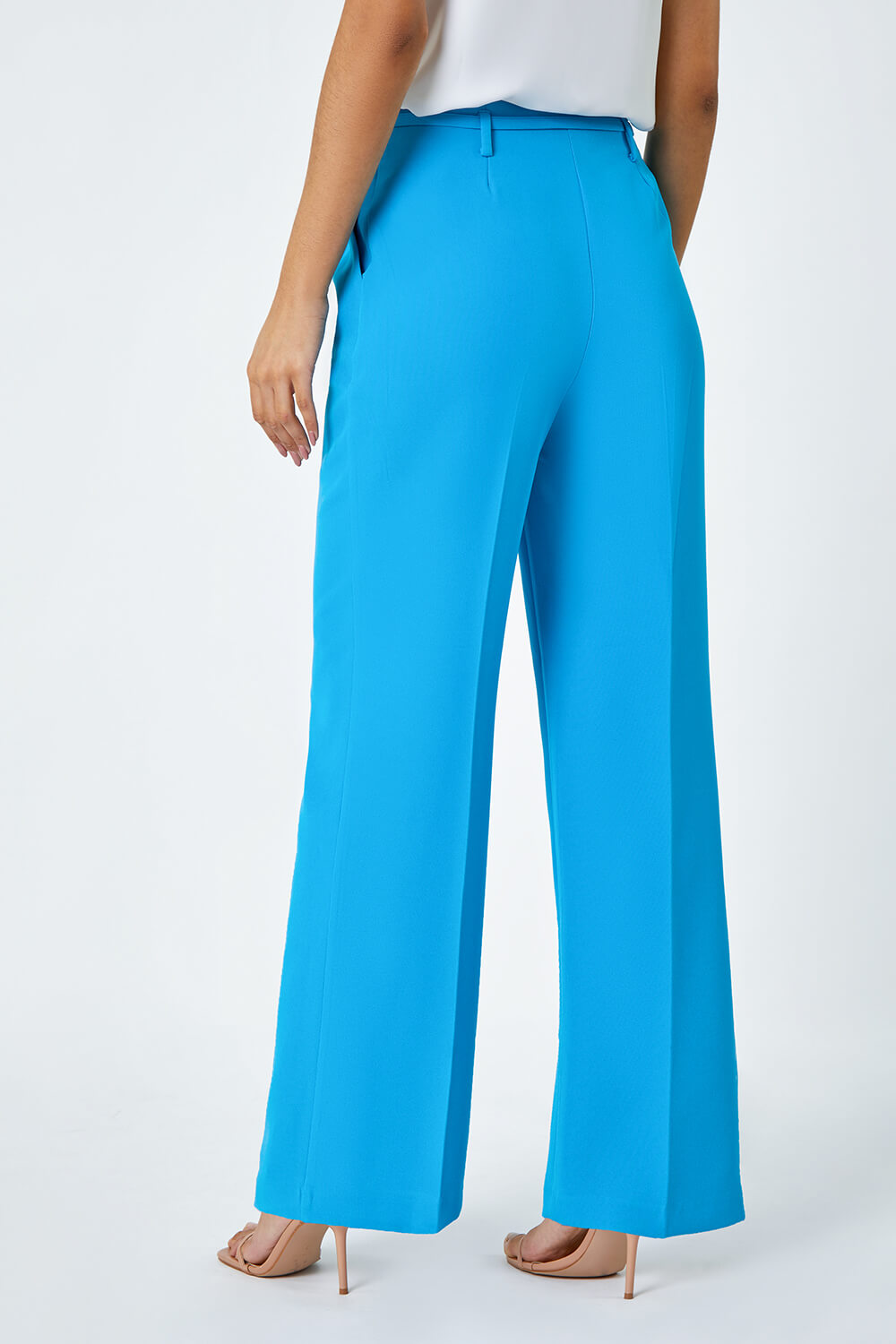 Turquoise Crepe Stretch Straight Leg Trousers, Image 3 of 5