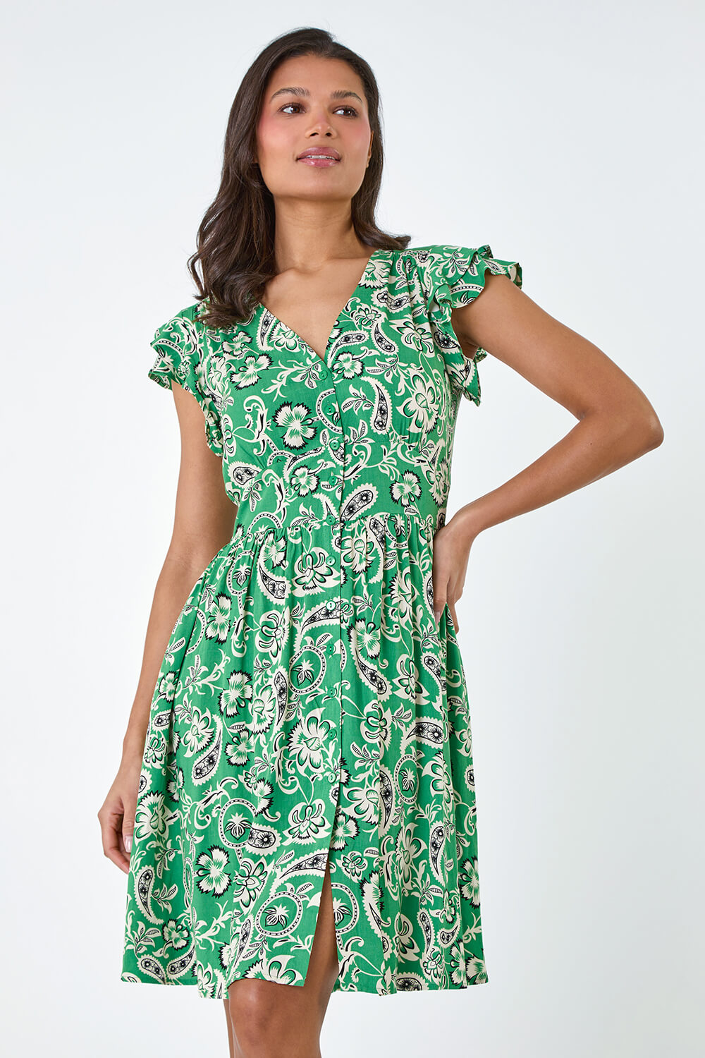 Green Paisley Floral Print Frill Dress, Image 4 of 5