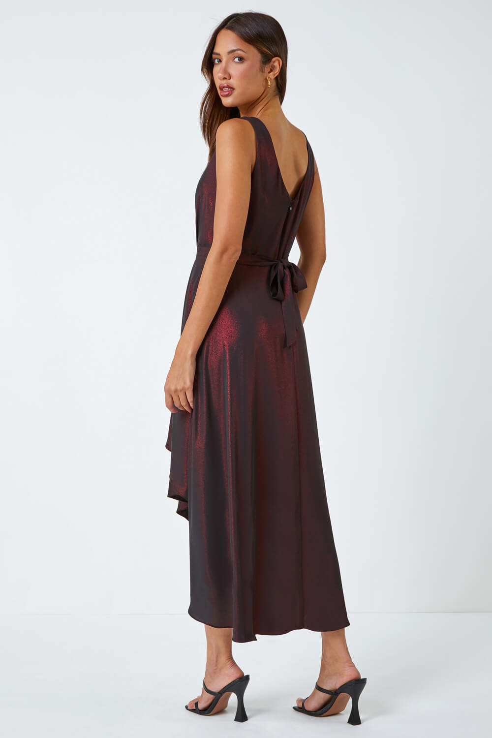 Red Pleat Detail Shimmer Midi Dress, Image 3 of 5