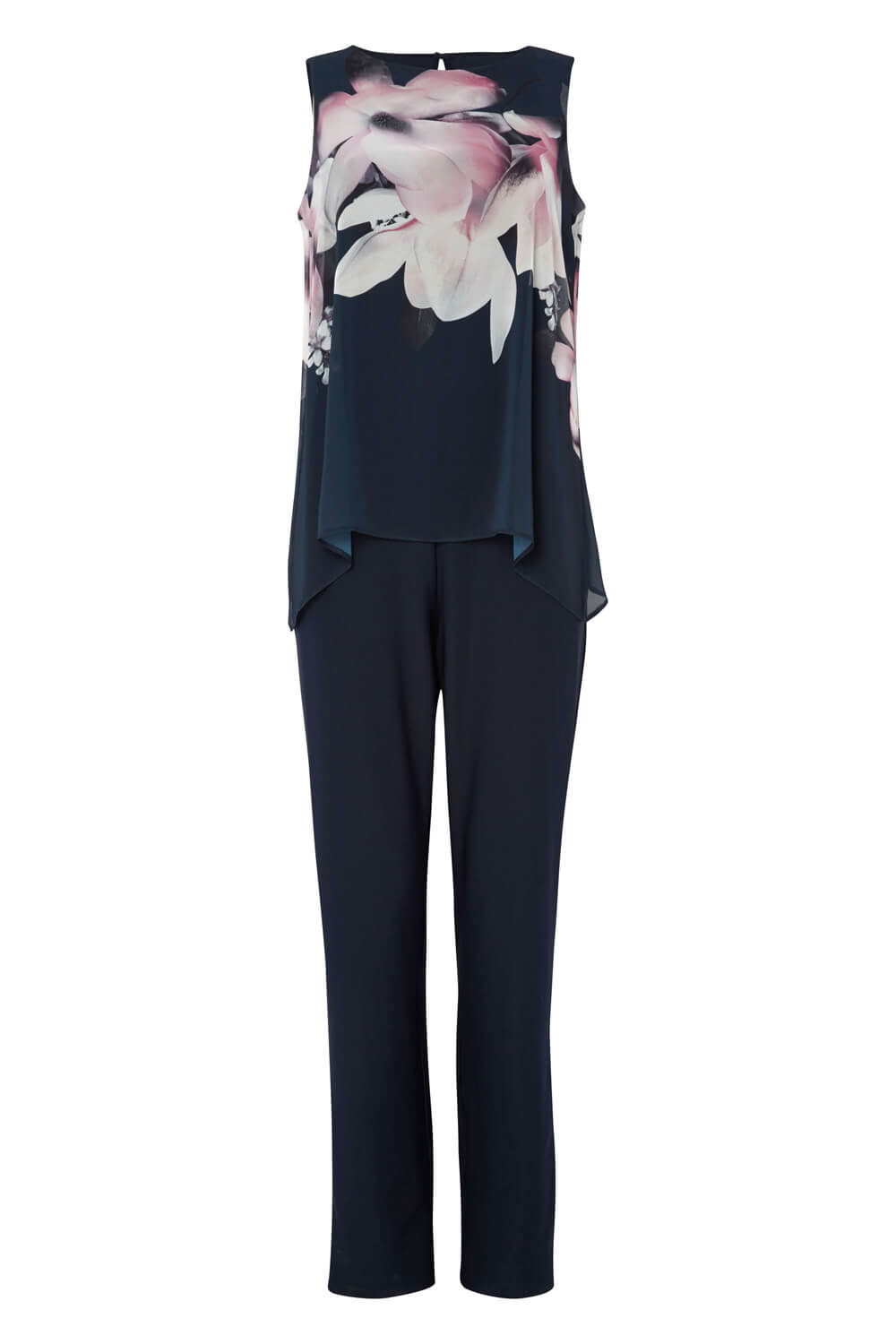 Navy  Floral Print Chiffon Overlay Jumpsuit, Image 4 of 4