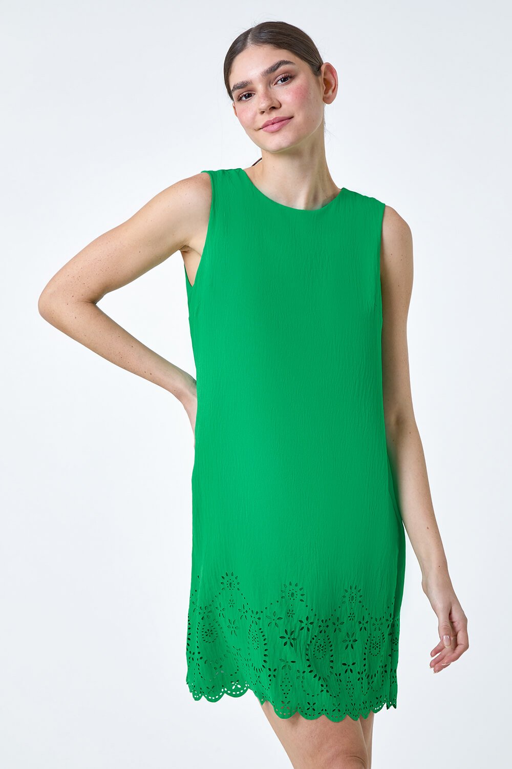 Green Floral Hem Textured Shift Dress, Image 2 of 5