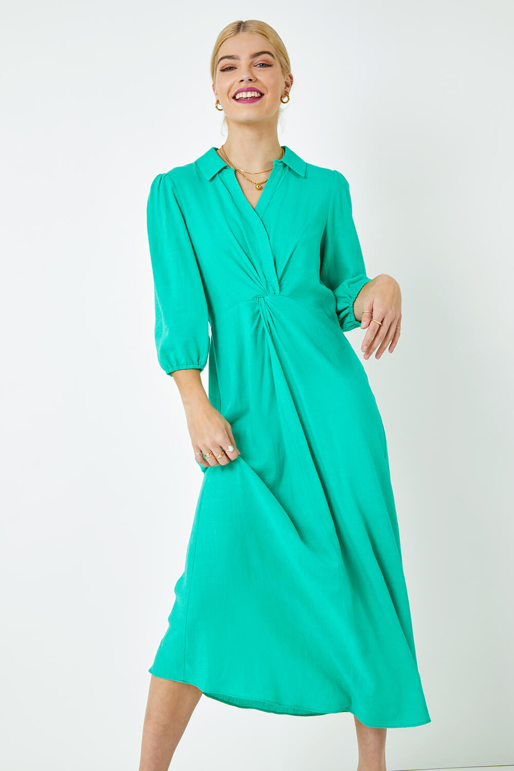 Green Twist Front Maxi Shirt Dress, Image 4 of 5