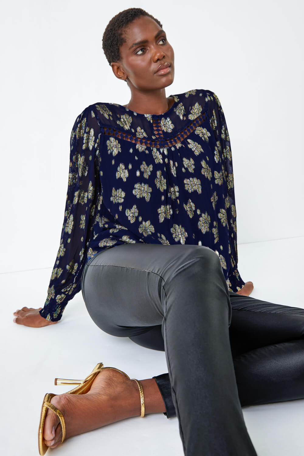 Midnight Blue Metallic Floral Print Ladder Lace Top, Image 5 of 5