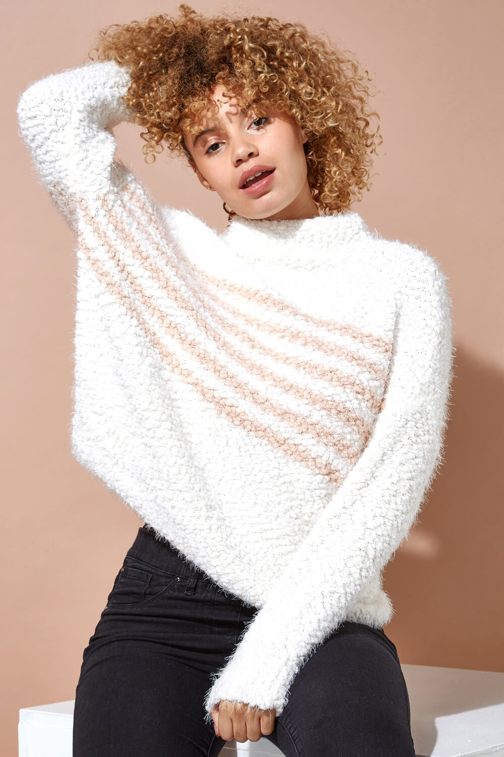 Ivory  Striped Fluffy Roll Neck Jumper, Image 4 of 4
