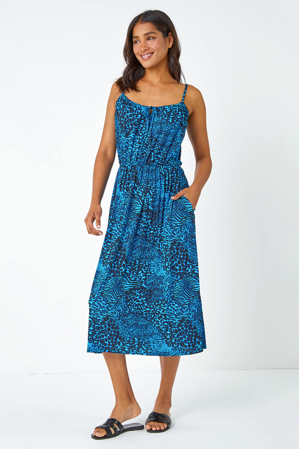 Blue Sleeveless Animal Print Midi Stretch Dress, Image 2 of 5