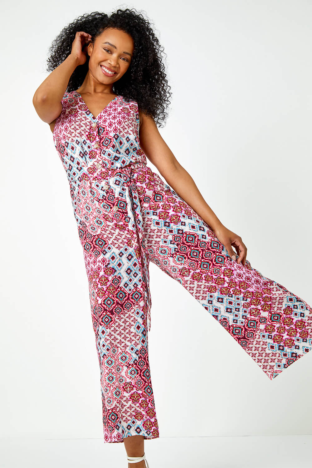 Pink Petite Sleeveless Aztec Print Jumpsuit | Roman UK