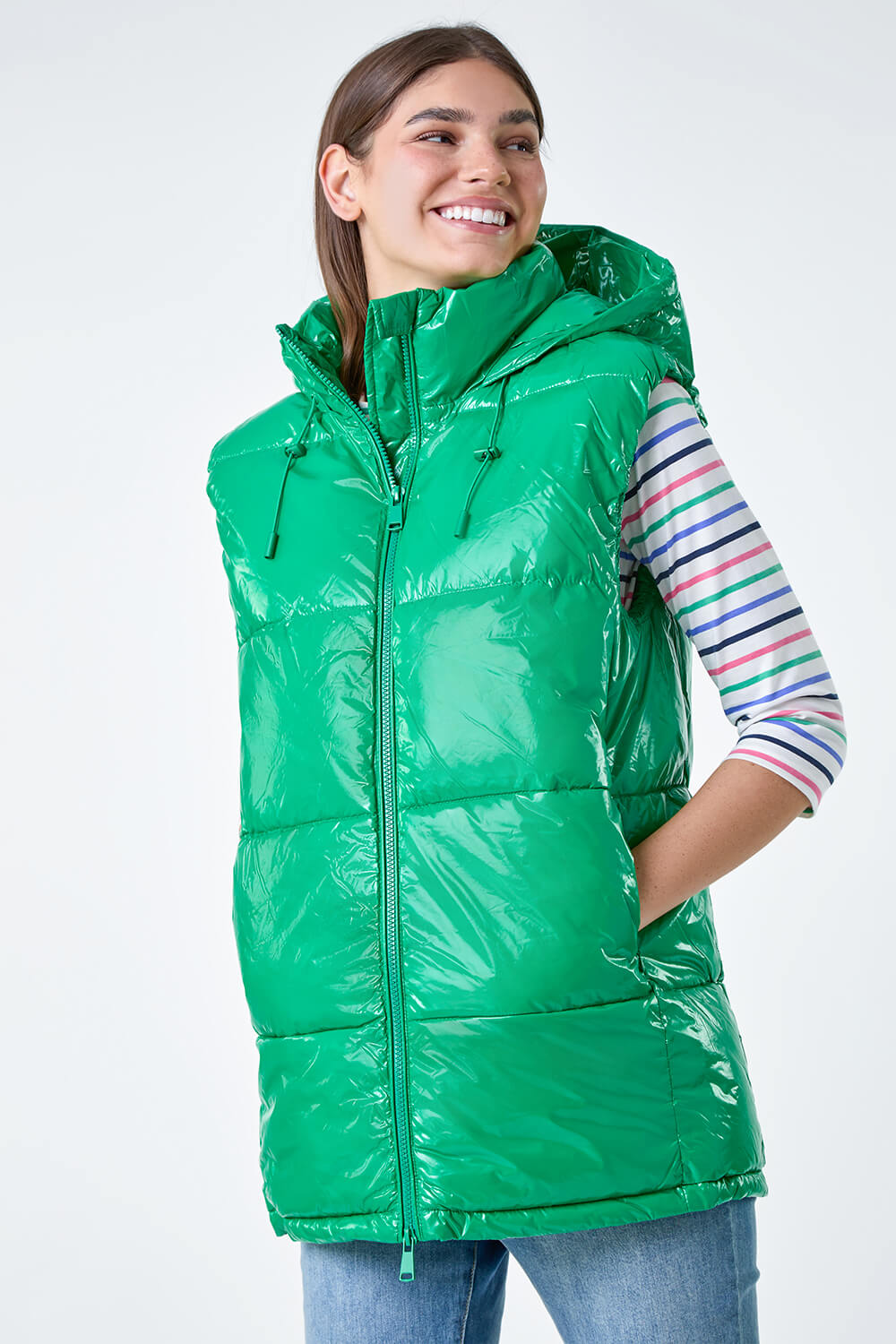 Green Patent Hooded Gilet, Image 2 of 6