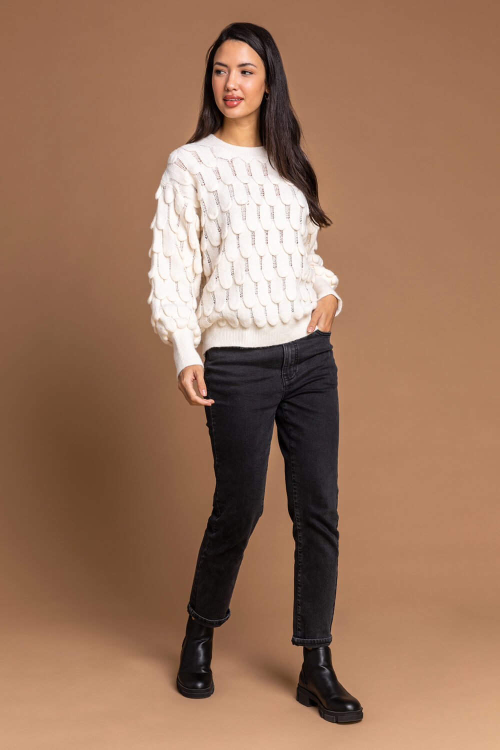 Ivory  Scallop Textured Knit Jumper, Image 3 of 5