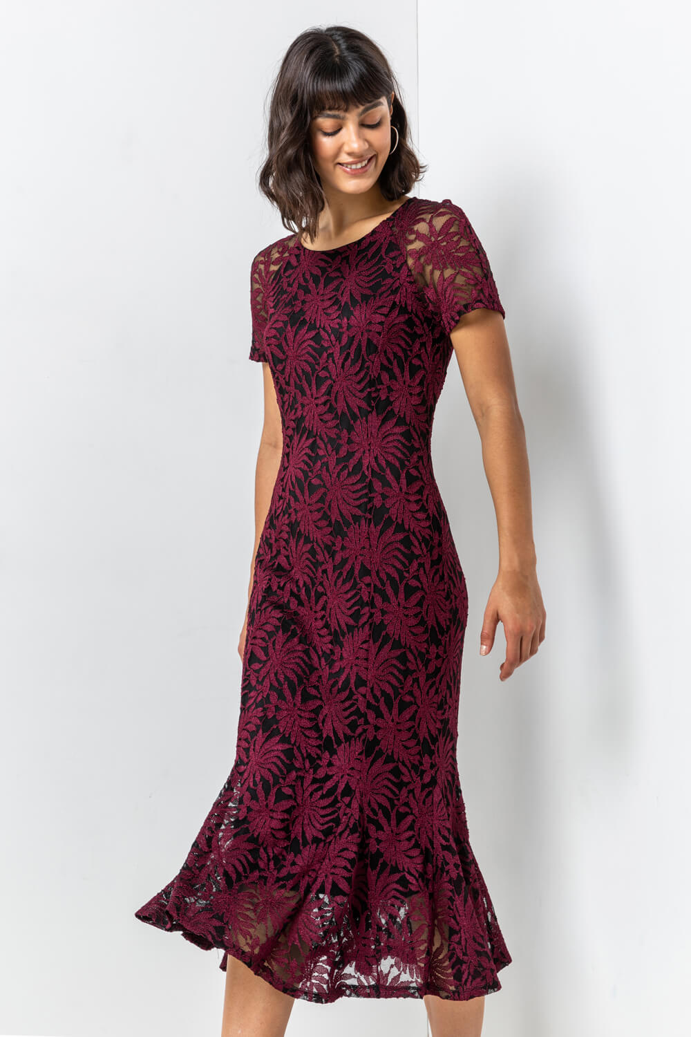 Wine Palm Print Lace Fitted Dress, Image 5 of 5