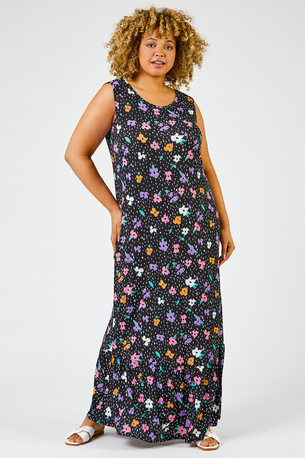 Curve Floral Spot Print Tiered Maxi Dress in Black - Roman Originals UK