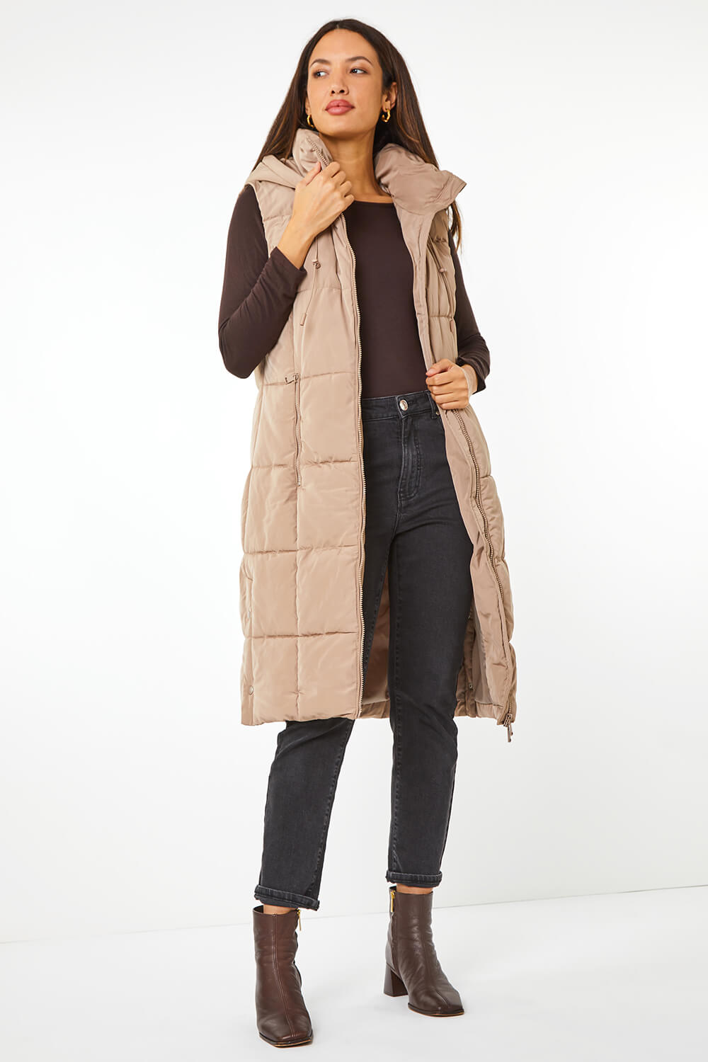 Longline Hooded Gilet in Beige - Roman Originals UK