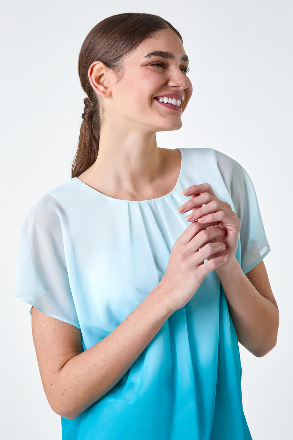 Blue Ombre Chiffon Overlay Blouson Top, Image 4 of 5