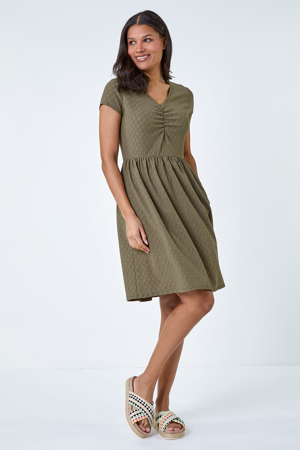 KHAKI Textured Ruched Stretch Jersey Dress, Image 2 of 5