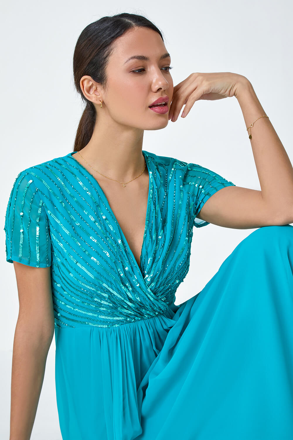Teal Sequin Embellished Maxi Dress, Image 4 of 5