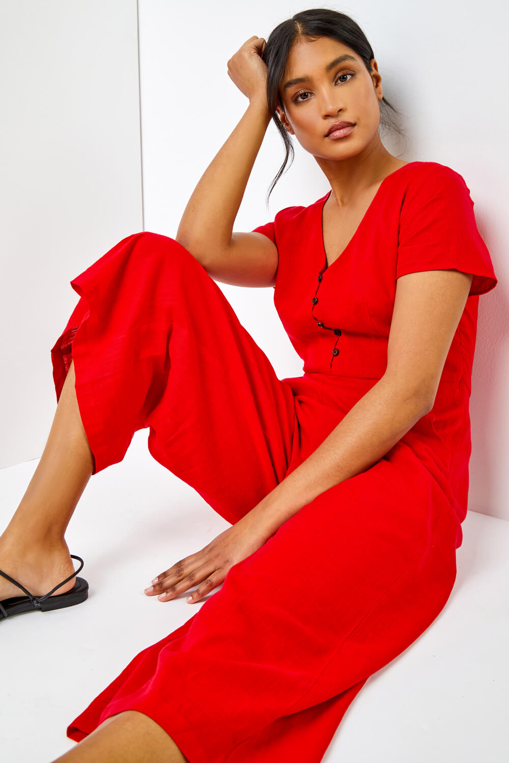 Red Cotton Blend Culotte Jumpsuit, Image 3 of 6