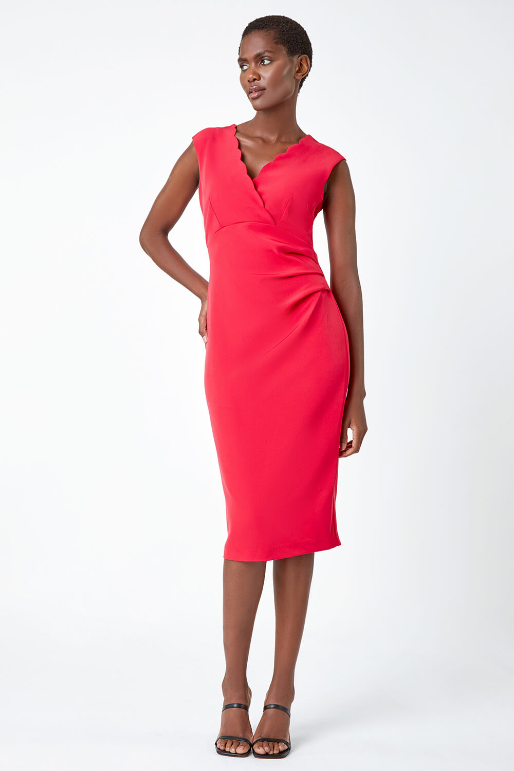 Red Sleeveless Pleated Stretch Ruched Dress, Image 2 of 5