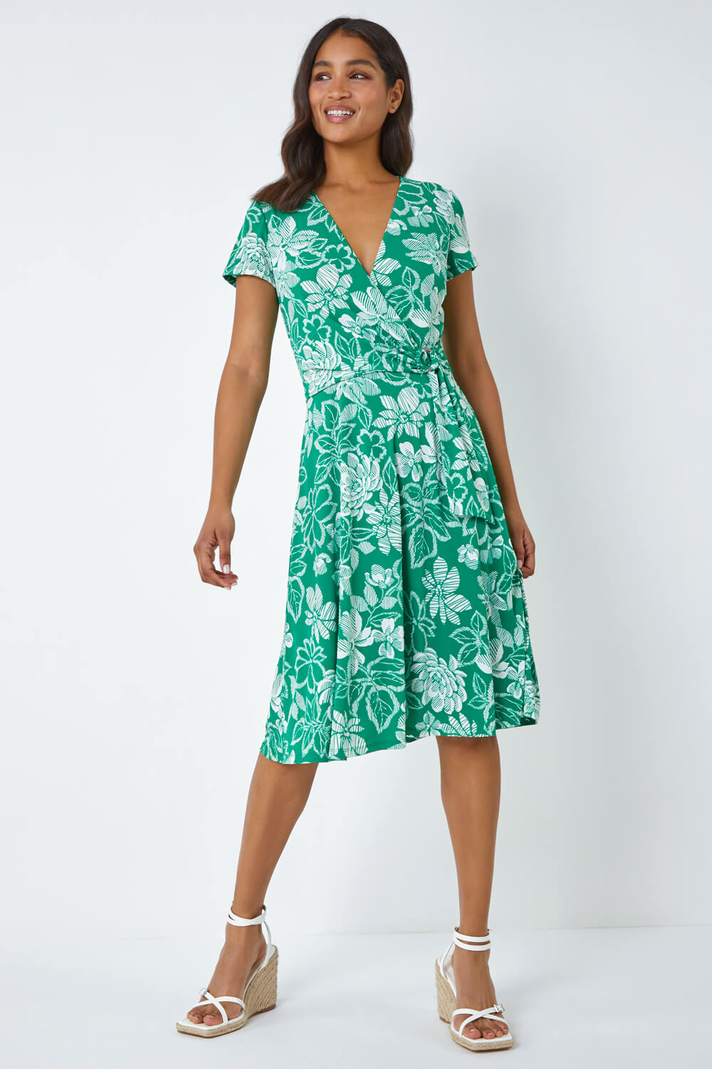 Green Floral Print Stretch Wrap Dress, Image 2 of 5