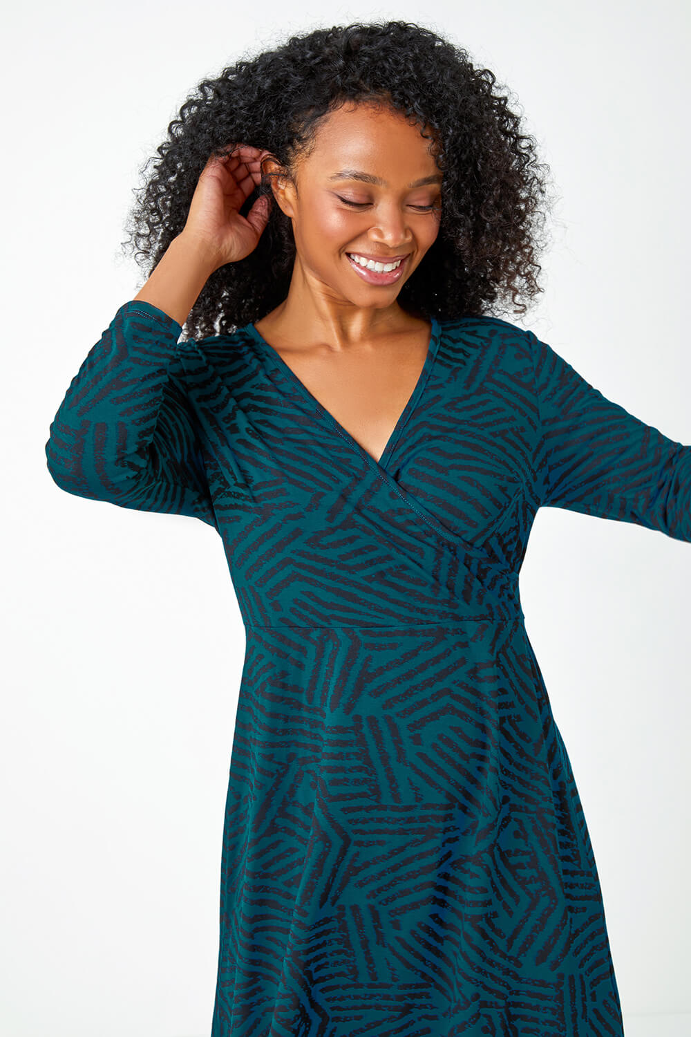 Teal Petite Mock Wrap Abstract Stretch Dress, Image 4 of 5