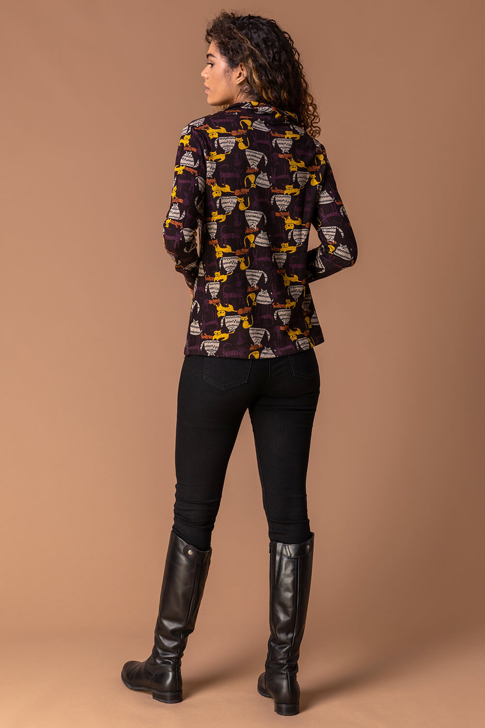 Chocolate Cat Print Cowl Neck Top, Image 2 of 4