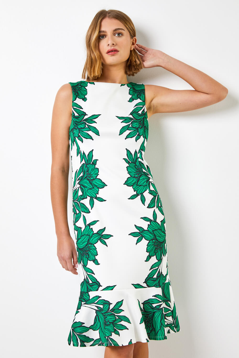 Green Floral Border Print Frill Stretch Dress, Image 3 of 4
