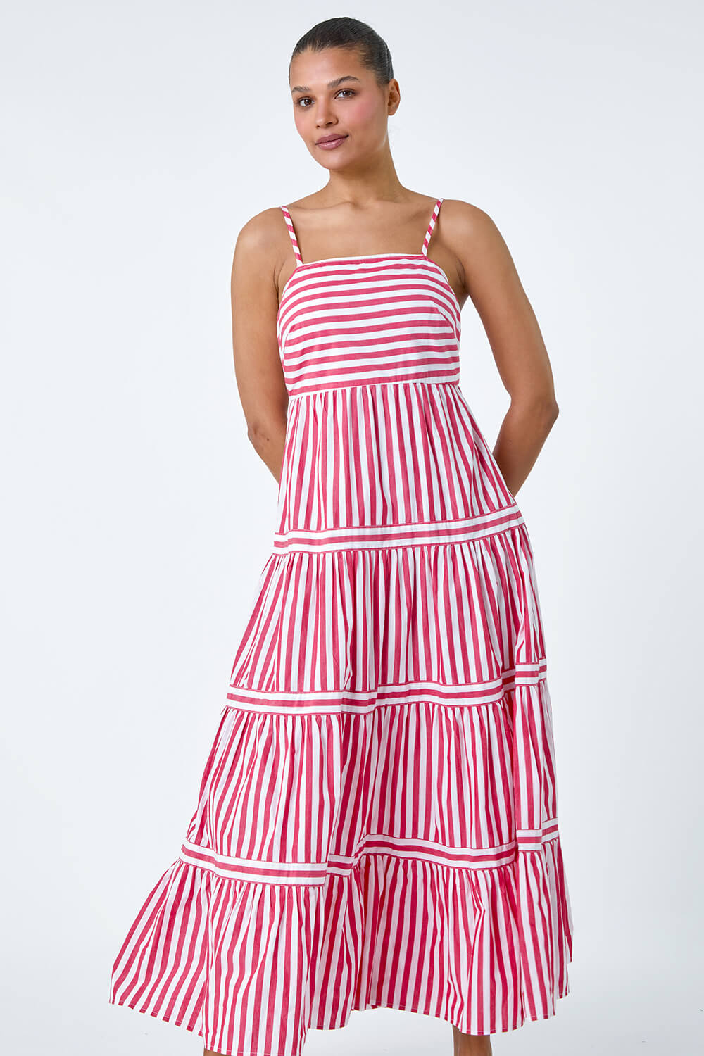 Sleeveless Stripe Tiered Cotton Maxi Dress