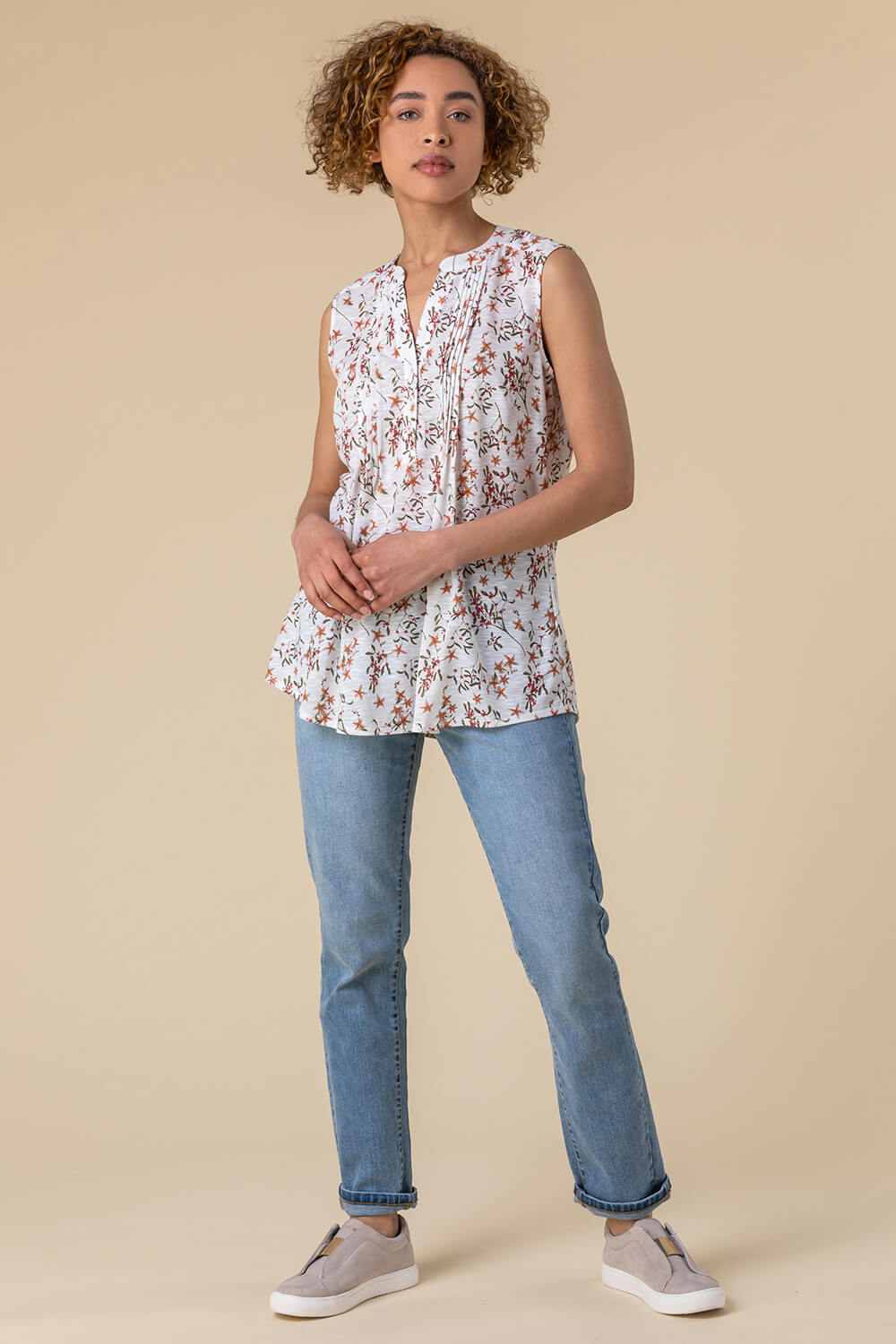 Ivory  Floral Print Pintuck Detail Top, Image 3 of 5