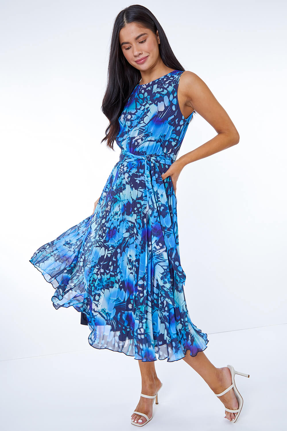 Blue Petite Abstract Print Pleated Chiffon Dress, Image 2 of 5