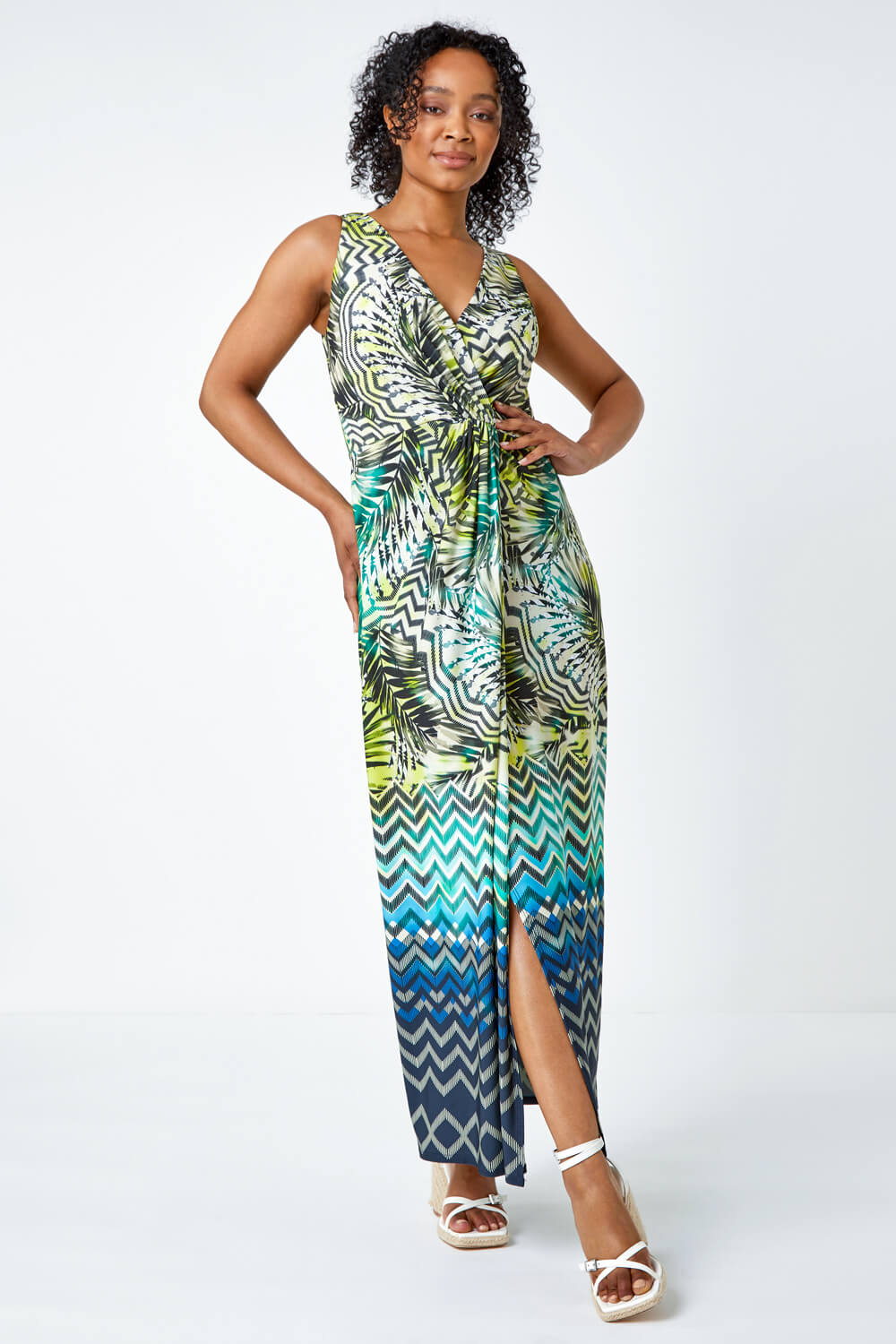 Lime Petite Abstract Print Ruched Wrap Maxi Dress, Image 2 of 5