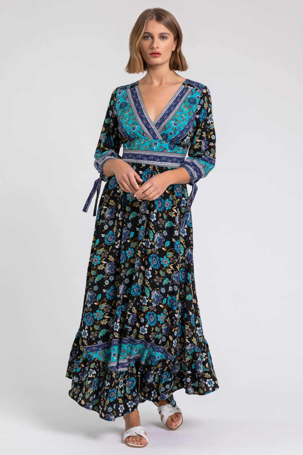 Floral Border Print Maxi Dress in Black - Roman Originals UK