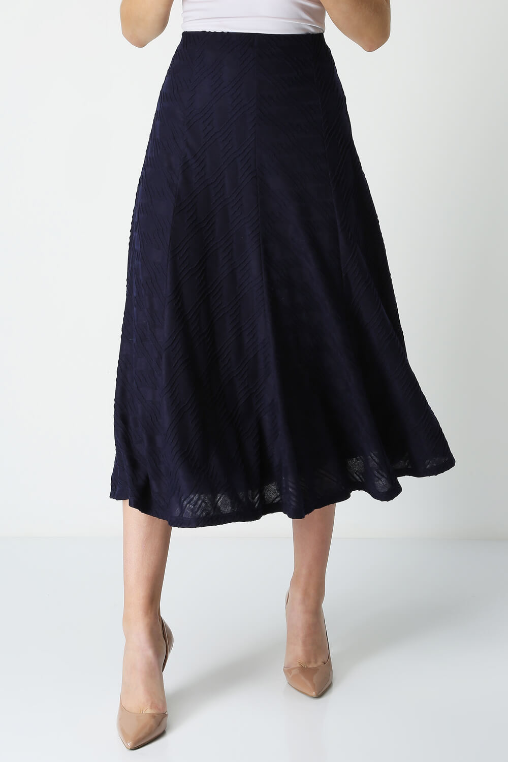 Textured A Line Midi Skirt in Navy - Roman Originals UK