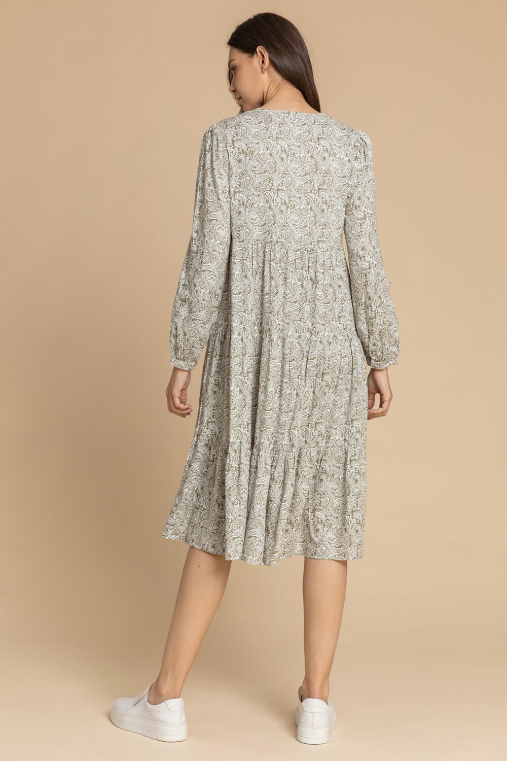 KHAKI Paisley Print Tiered Midi Dress, Image 2 of 5
