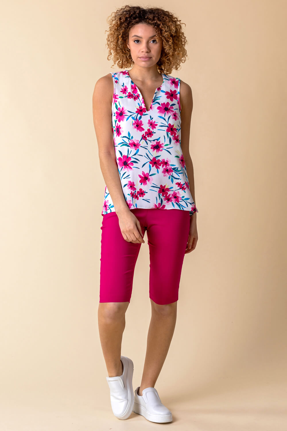 Ivory  Floral Print Notch Neck Top, Image 3 of 4
