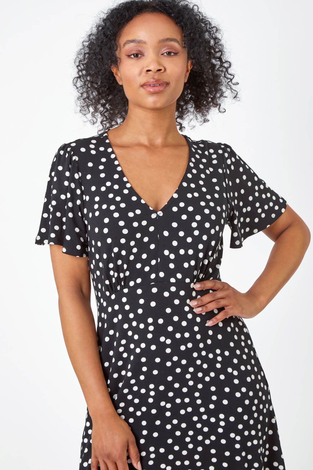 Black Petite Polka Dot Frill Hem Stretch Dress, Image 4 of 5