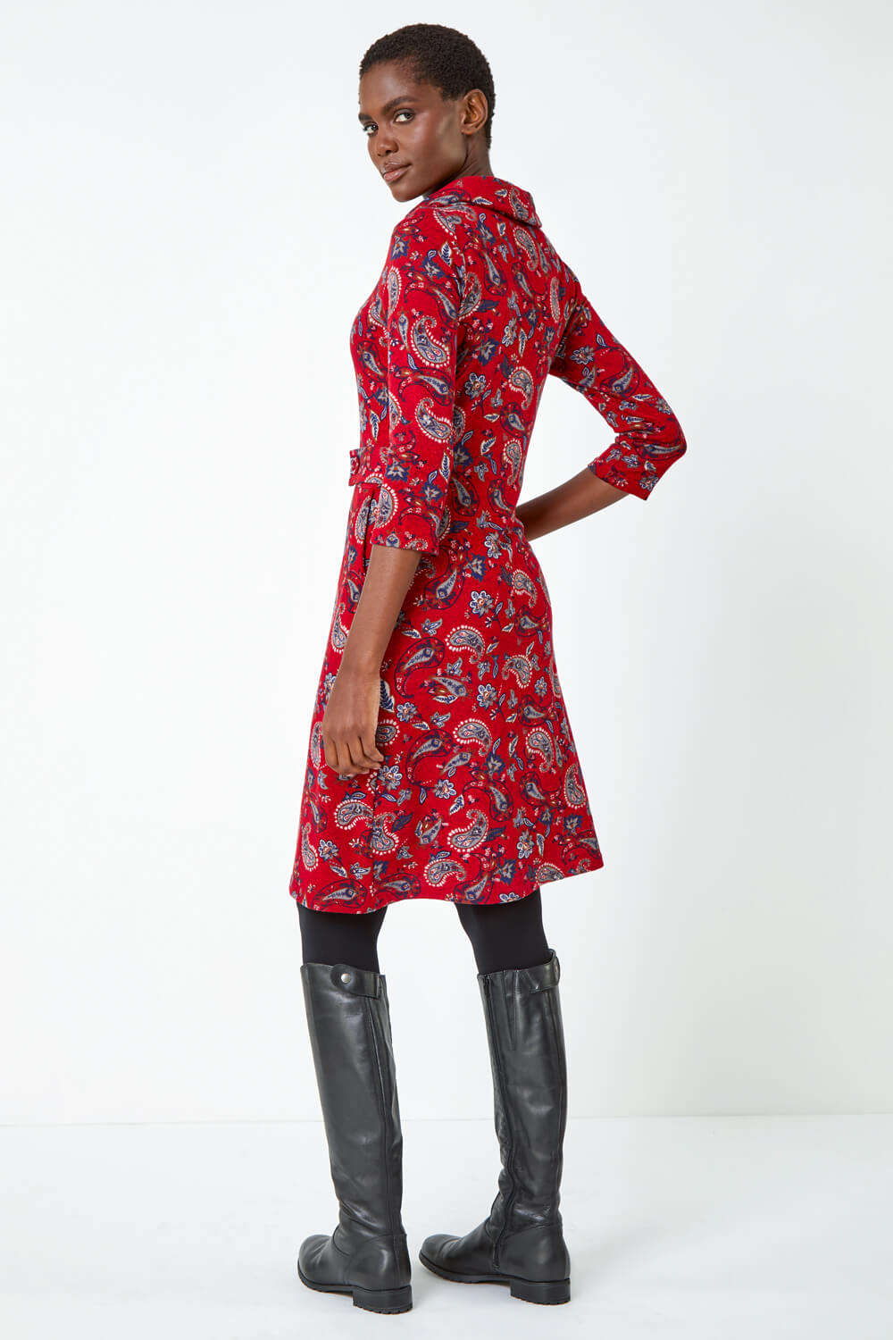 Red Paisley Print Cowl Neck Dress, Image 3 of 5