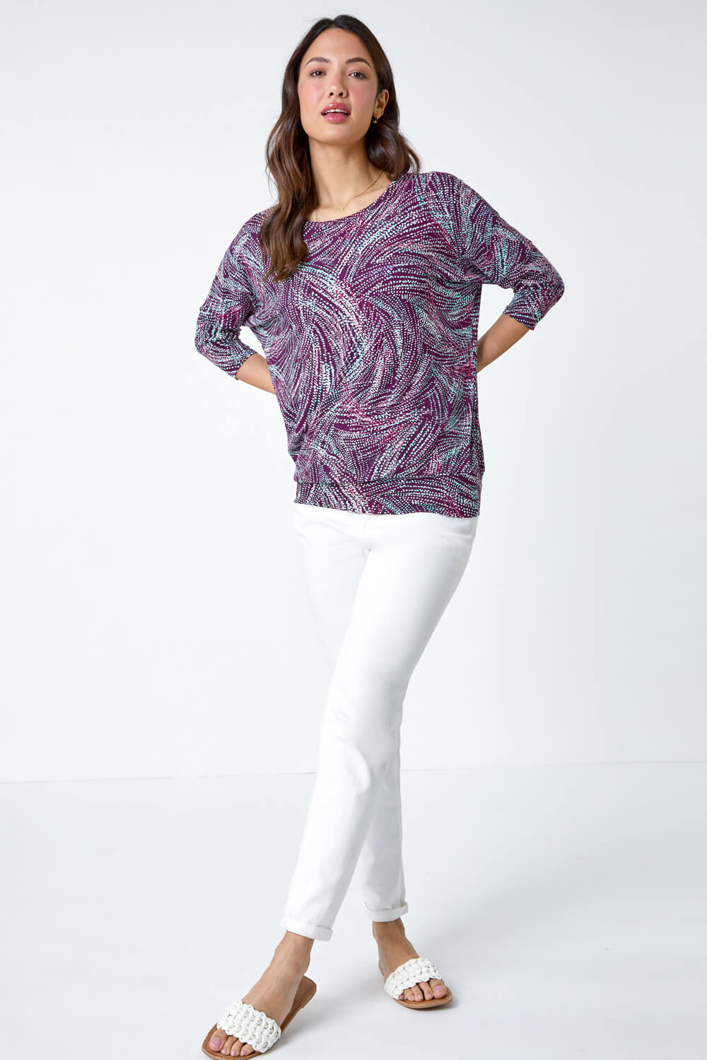 Purple Abstract Stretch Blouson Top, Image 2 of 5