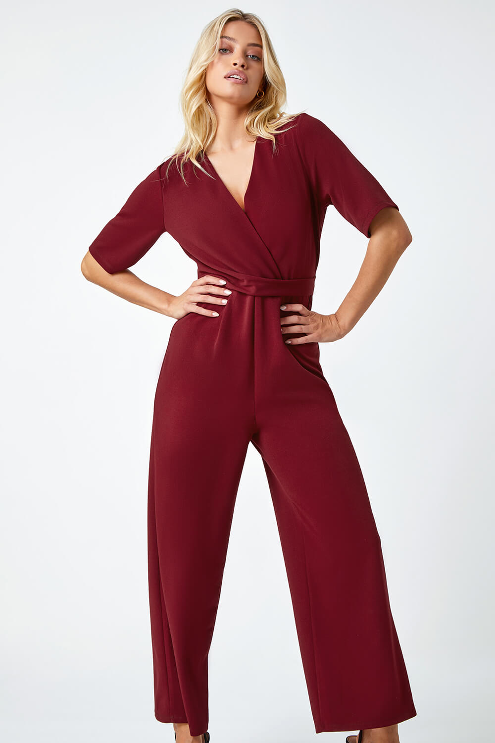 Wine Gathered Wrap Stretch Jumpsuit, Image 4 of 5