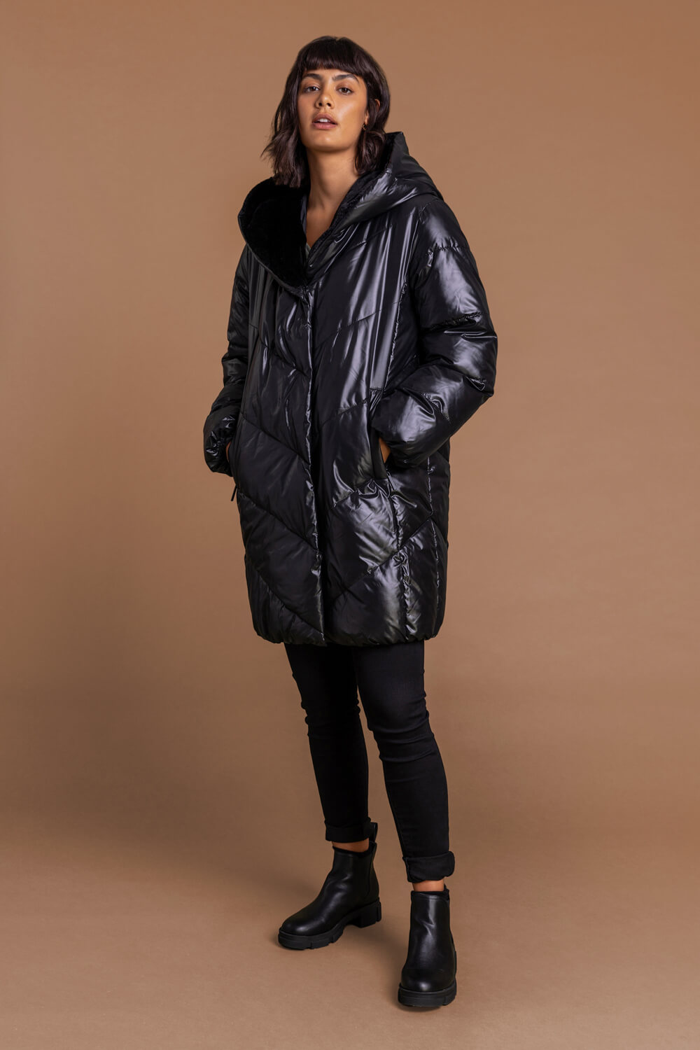 Black Hooded Long Quilted Coat, Image 3 of 4