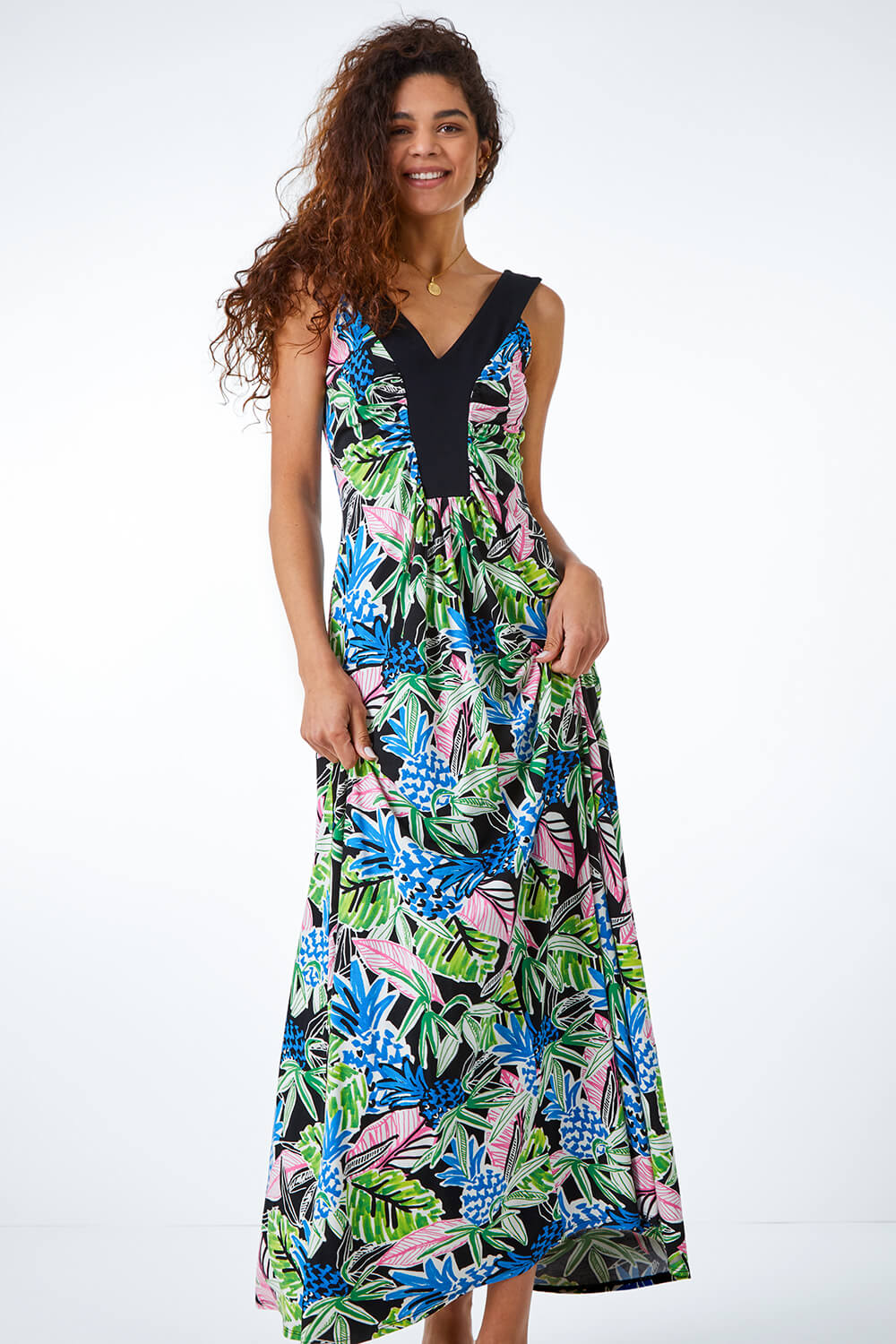 Lime Floral Contrast Band Maxi Dress, Image 3 of 5