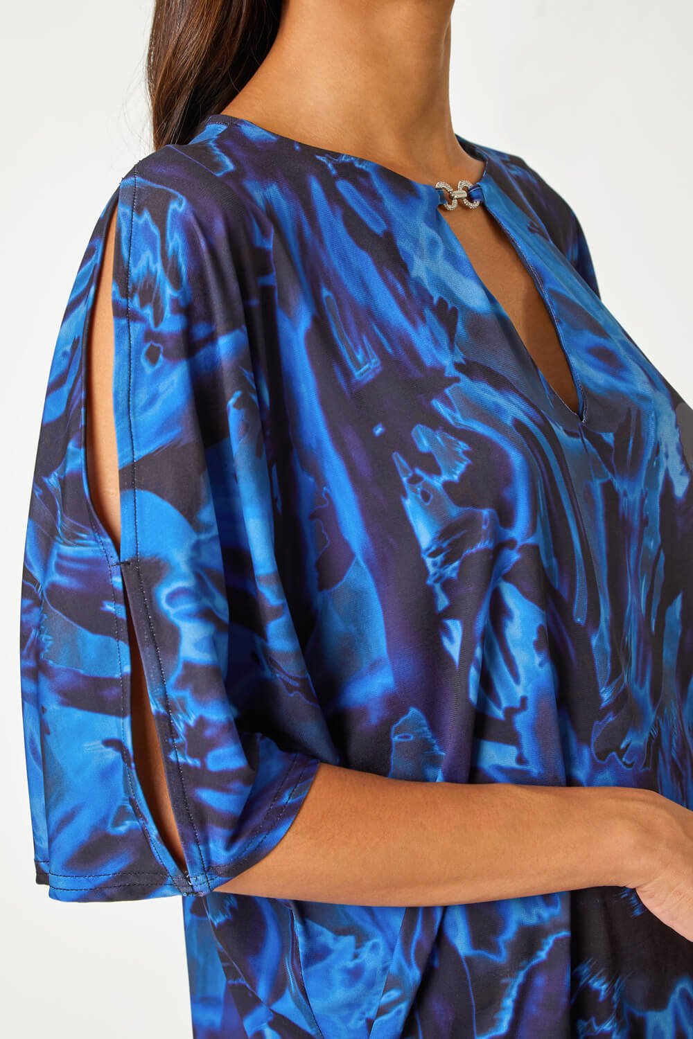 Blue Abstract Print Split Sleeve Stretch Top, Image 5 of 5