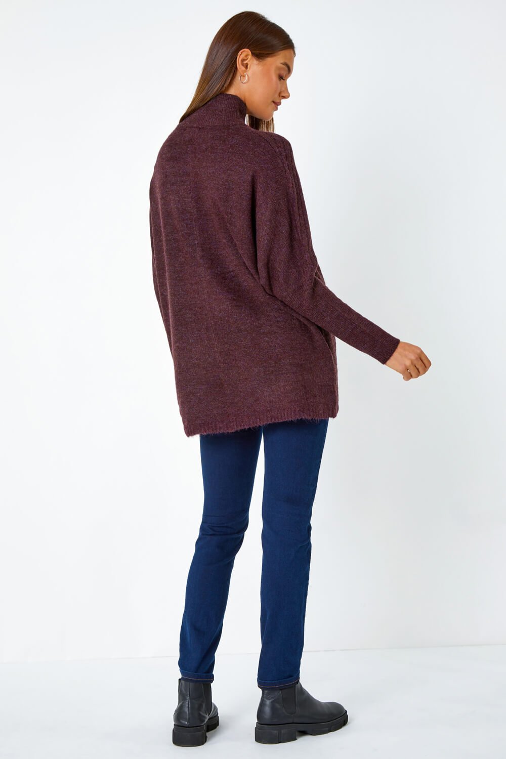 Plum Cable Knit Roll Neck Stretch Longline Jumper , Image 3 of 5