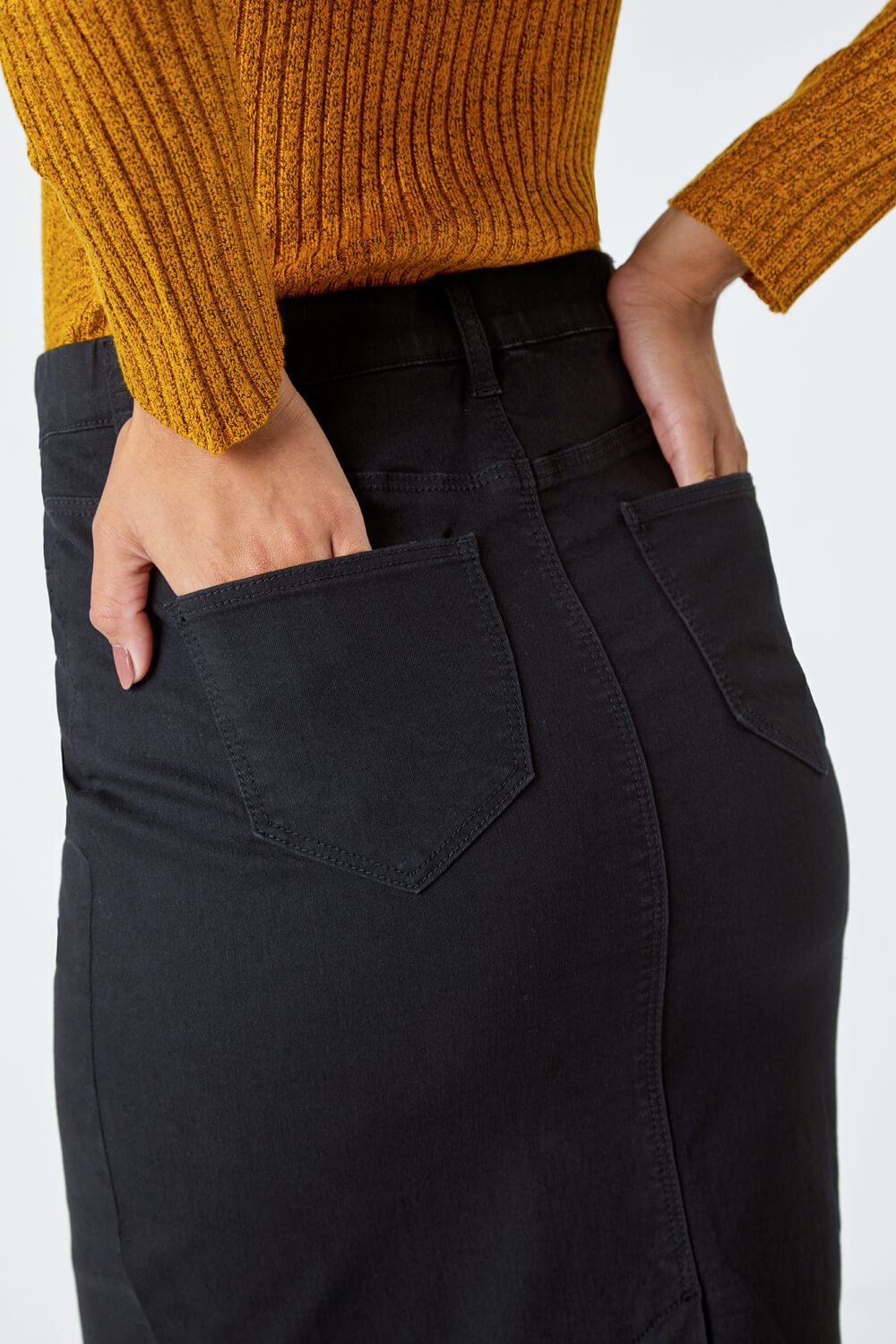Black Cotton Denim Stretch Skirt, Image 5 of 5