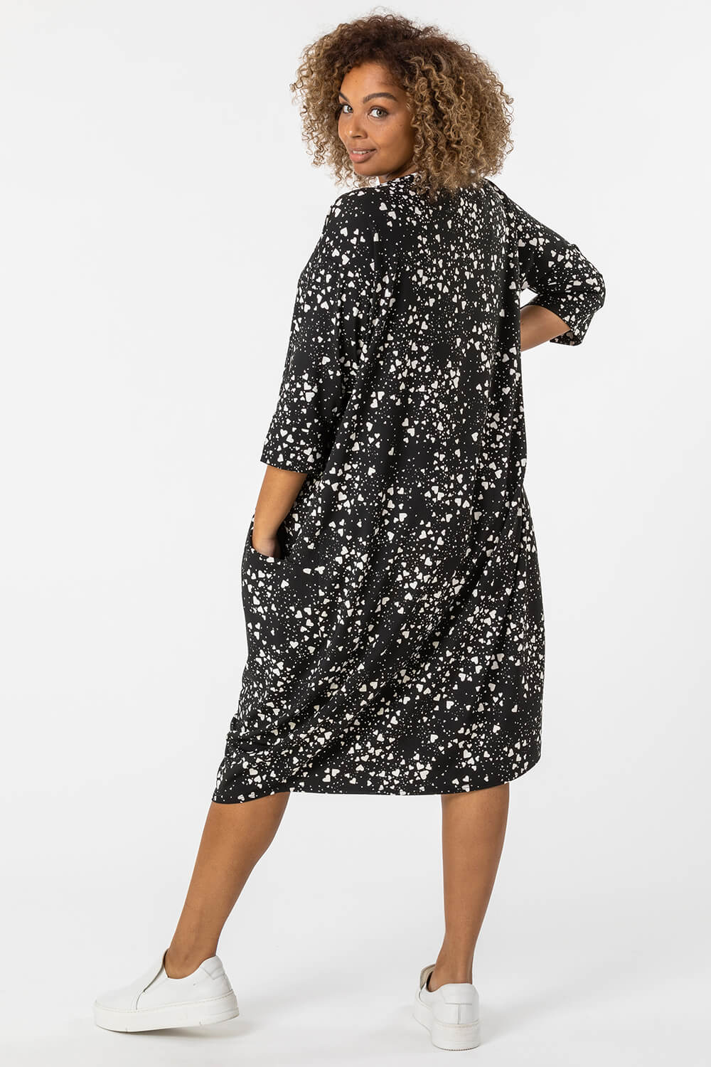 Black Curve Ditsy Heart Print Cocoon Dress, Image 2 of 4