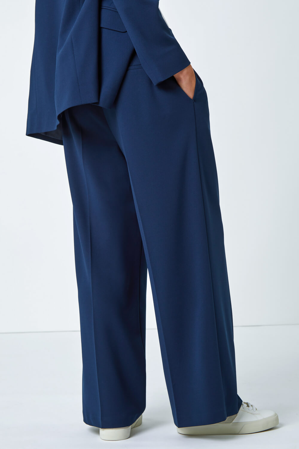 Navy  Petite Button Fastened Wide Leg Trousers, Image 3 of 5