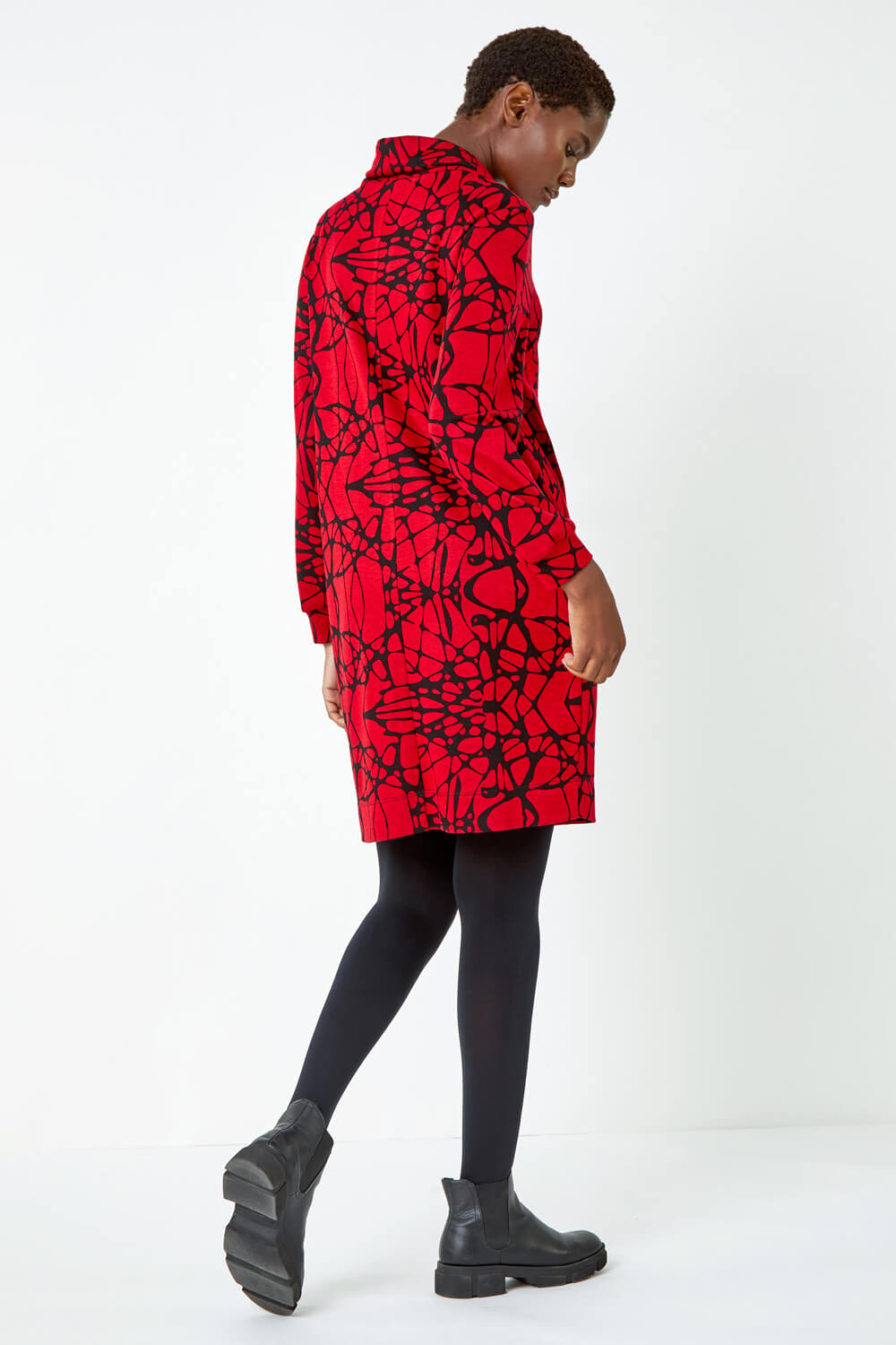 Red Abstract Cowl Neck Pocket Shift Dress, Image 3 of 5