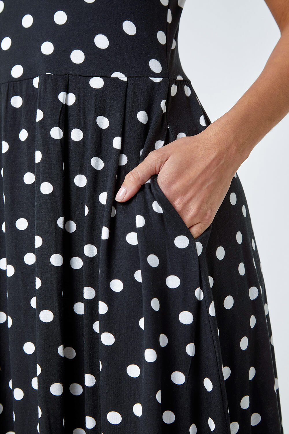 Black Sleeveless Polka Dot Midi Stretch Dress , Image 5 of 5