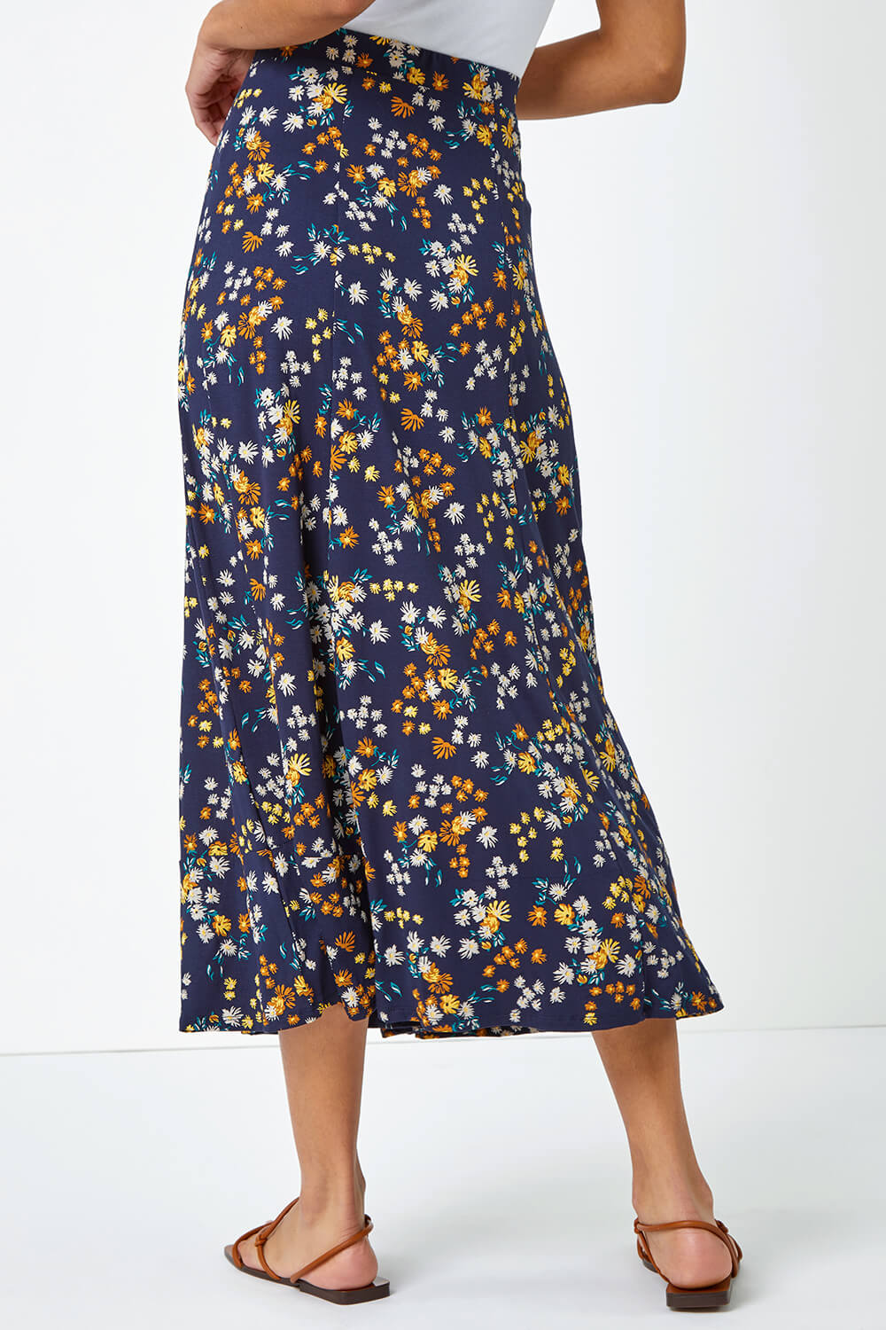 Navy  Ditsy Floral Print Midi Skirt, Image 3 of 4