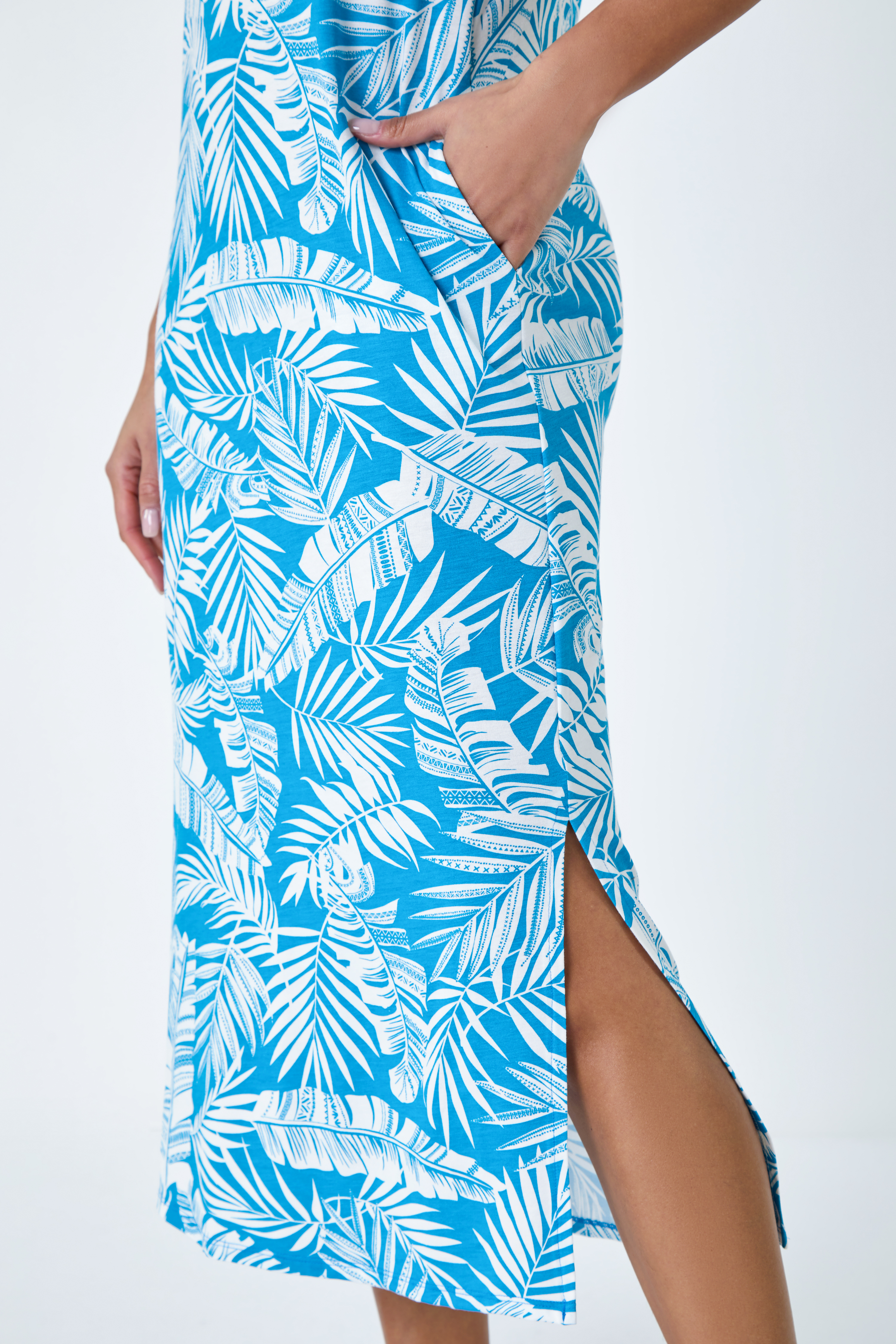 Turquoise Leaf Print Stretch Midi Dress, Image 5 of 5