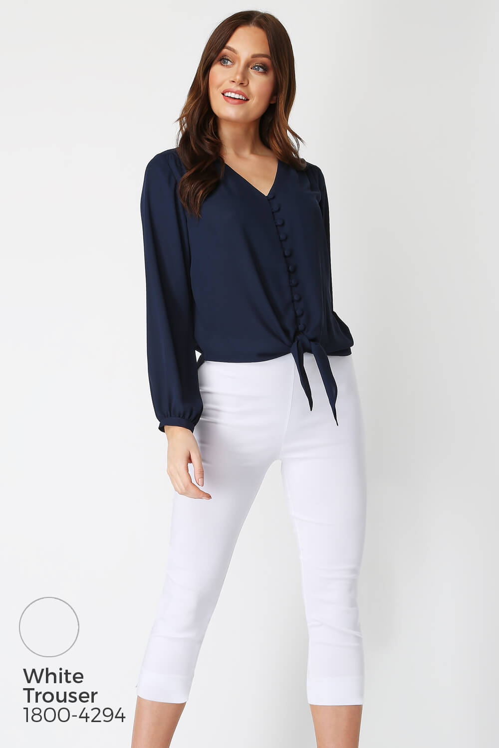 Navy Blue  Button Tie Front Blouse, Image 5 of 8