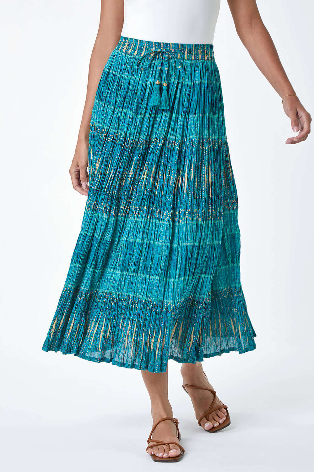 Aqua Crinkle Cotton Metallic Foil Midi Skirt, Image 4 of 5